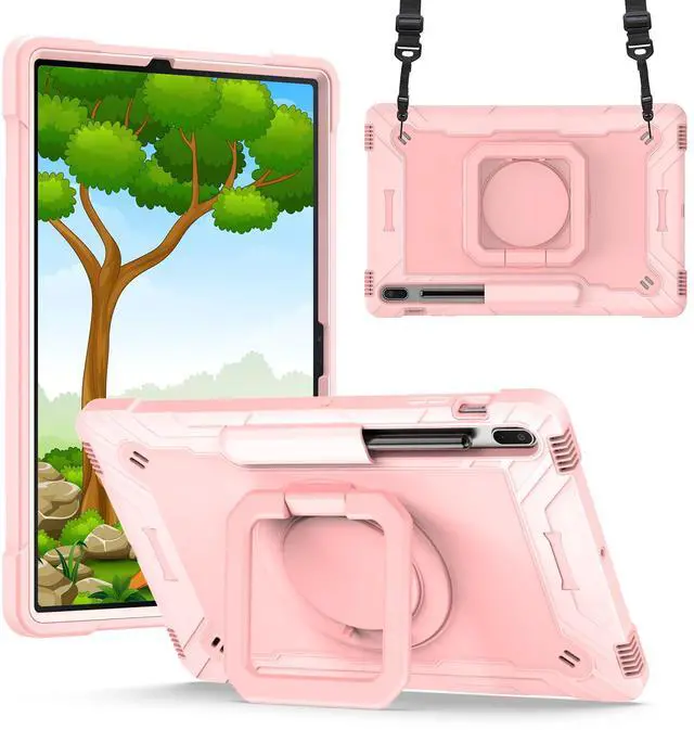 Main image of Shockproof Case for Samsung Galaxy Tab S8+/S7+/S7 FE 12.4" Tablet, Techcircle Rotating Stand Ring Handle Rugged Drop Proof Protective Cover with Shoulder Strap for SM-X800/X806/T730/T970, Rose Gold