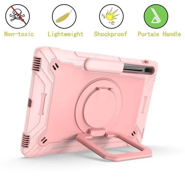 Alt view image 4 of 5 - Shockproof Case for Samsung Galaxy Tab S8+/S7+/S7 FE 12.4" Tablet, Techcircle Rotating Stand Ring Handle Rugged Drop Proof Protective Cover with Shoulder Strap for SM-X800/X806/T730/T970, Rose Gold