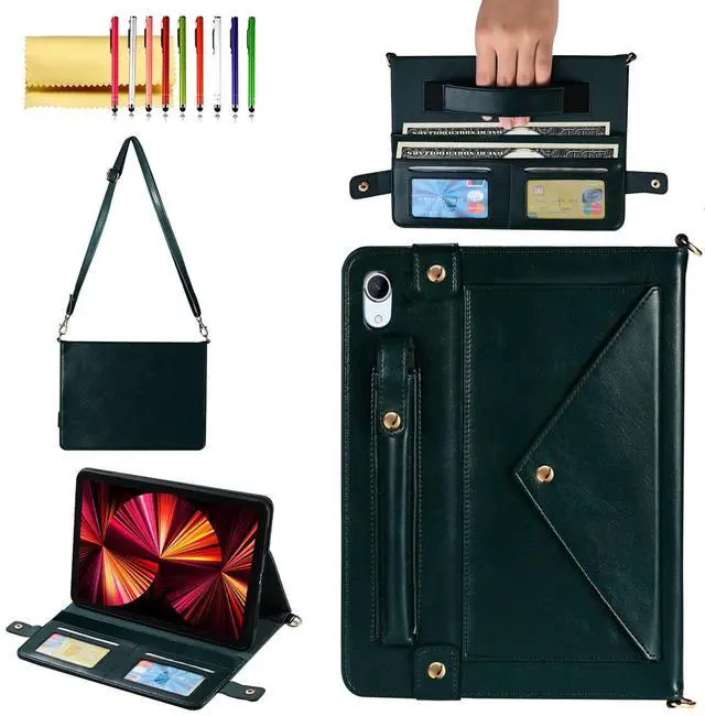 Main image of Handbag Case for iPad Mini 2024/2021 8.3", Techcircle Folio Stand PU Leather Crossbody iPad Mini 6/Mini 7 Cover with Pencil Holder+Card Slots Wallet Case with Shoulder Strap+Hand Strap, Midnight Green