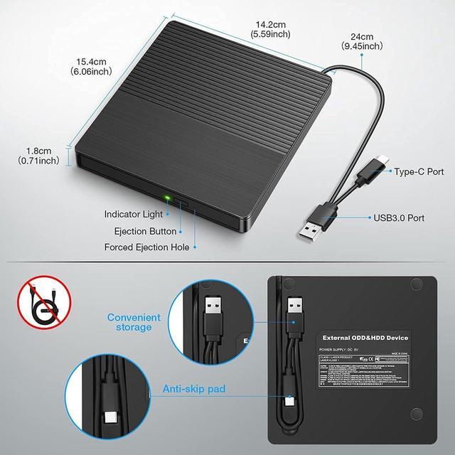 Alt view image 2 of 5 - TEIMA CD DVD Drive USB C USB 3.0 CD/DVD +/-Rw Drive CD ROM Burner Reader Writer with USB/SD/TF Ports & Audio Out, Optical Disc Drive DVD Player for Laptop PC Mac MacBook Air/Pro Windows 11/10, Black