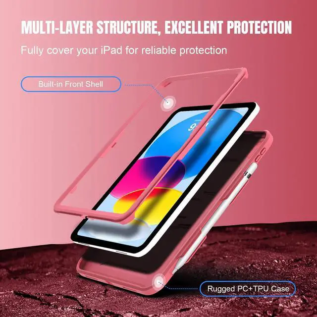 Alt view image 3 of 5 - TiMOVO Case for iPad 10th Generation 10.9 inch 2022, Slim Tri-fold Stand Protective Case with Pencil Holder, Watermelon Red + Heavy Duty Shockproof Rugged Protective Case, Watermelon Red