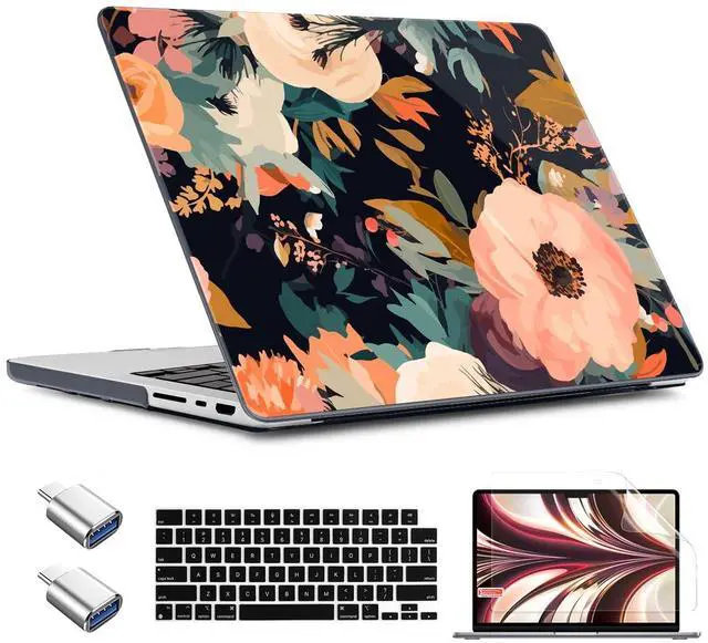 Main image of TWOLSKOO Compatible with M4 MacBook Pro 14 inch Case 2024-2021 Release Chip Models M4 M3 M2 M1 Pro Max, Plastic Hard Shell & Keyboard Cover & Type C Adapter, & Screen Protector, Bright Abstract Flower
