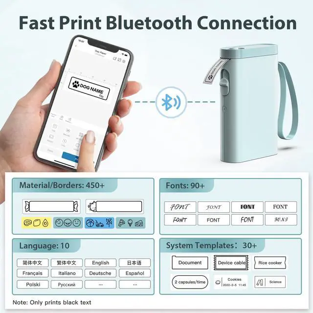Alt view image 2 of 5 - TYPONOS P21 Label Maker Machine with Tape, Blue Bluetooth Label Printer Portable Mini Label Makers, P21 Label Maker Tape Black on White 14x40mm (0.55"x1.57"), Standard Laminated 180 Labels/Roll