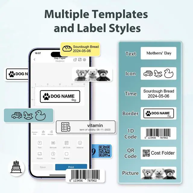 Alt view image 4 of 5 - TYPONOS P21 Label Maker Machine with Tape, Blue Bluetooth Label Printer Portable Mini Label Makers, P21 Label Maker Tape Black on White 14x40mm (0.55"x1.57"), Standard Laminated 180 Labels/Roll
