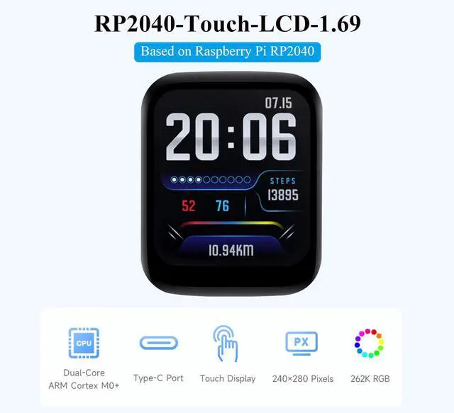 Alt view image 2 of 5 - UeeKKoo RP2040 Microcontroller Development Board with 1.69inch Touch Round LCD 240x280, Based on Pi RP2040, Dual-core Arm Processor, 16MB Flash,Accelerometer and Gyroscope Sensor, Type-C Connector