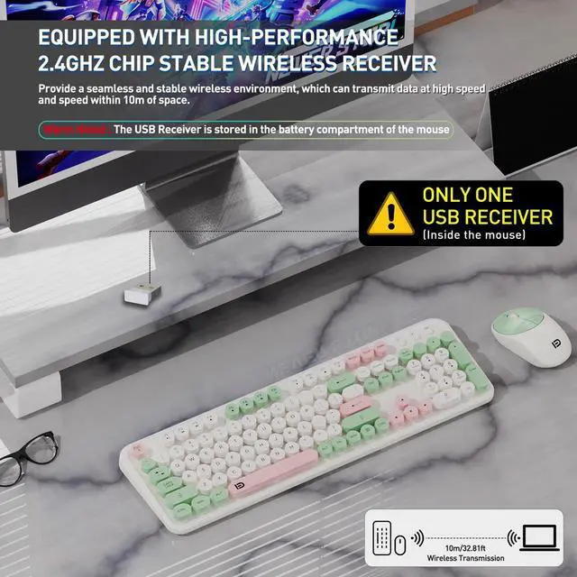 Alt view image 2 of 5 - Ubxxziy Wireless Keyboard and Mouse Combo with Switch Button- 2.4GHz Cordless Typewriter Keyboard | Auto-Sleep | USB Receiver for Windows PC/Laptop - White Colorful
