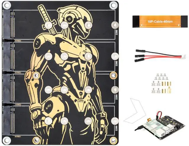 Main image of PCIe to 4-CH M.2 M Key Adapter Board Compatible with Raspberry Pi 5, Support 4-CH NVMe Solid State Drives-2280/2260/2242/2230, Allow Powering Pi 5, Onboard LED Indicators, High-Speed Reading/Writing