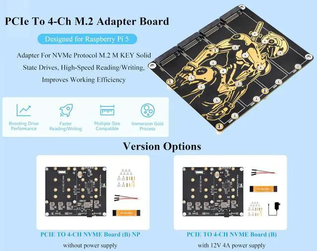Alt view image 2 of 5 - PCIe to 4-CH M.2 M Key Adapter Board Compatible with Raspberry Pi 5, Support 4-CH NVMe Solid State Drives-2280/2260/2242/2230, Allow Powering Pi 5, Onboard LED Indicators, High-Speed Reading/Writing