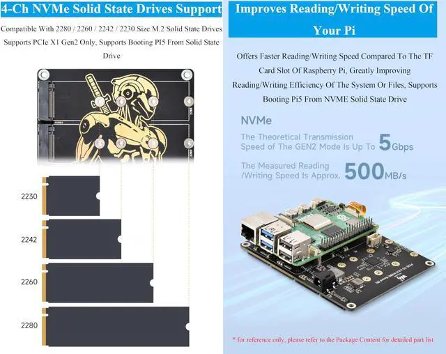 Alt view image 4 of 5 - PCIe to 4-CH M.2 M Key Adapter Board Compatible with Raspberry Pi 5, Support 4-CH NVMe Solid State Drives-2280/2260/2242/2230, Allow Powering Pi 5, Onboard LED Indicators, High-Speed Reading/Writing