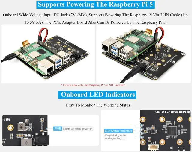 Alt view image 5 of 5 - PCIe to 4-CH M.2 M Key Adapter Board Compatible with Raspberry Pi 5, Support 4-CH NVMe Solid State Drives-2280/2260/2242/2230, Allow Powering Pi 5, Onboard LED Indicators, High-Speed Reading/Writing