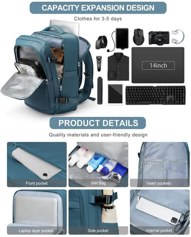 Alt view image 2 of 5 - VGCUB Travel Backpack for Women Men Large Work Gym Frontier Airlines Personal Item Bag Business Airport lightweight Daypack Carry on Flight Approved Airplane Backpack Mochilas de Viaje Peacock Blue