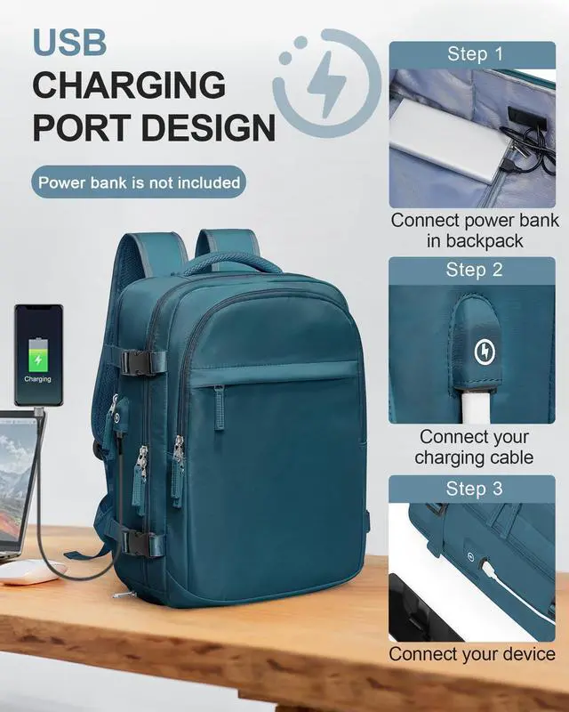 Alt view image 3 of 5 - VGCUB Travel Backpack for Women Men Large Work Gym Frontier Airlines Personal Item Bag Business Airport lightweight Daypack Carry on Flight Approved Airplane Backpack Mochilas de Viaje Peacock Blue