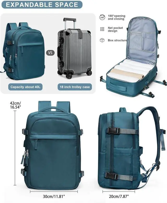 Alt view image 5 of 5 - VGCUB Travel Backpack for Women Men Large Work Gym Frontier Airlines Personal Item Bag Business Airport lightweight Daypack Carry on Flight Approved Airplane Backpack Mochilas de Viaje Peacock Blue