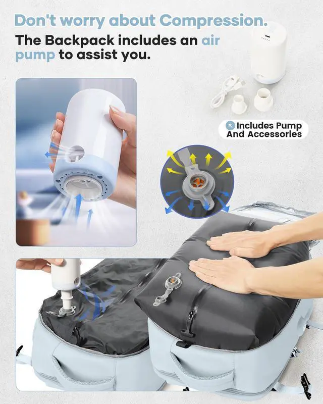 Alt view image 4 of 5 - Vacuum Travel Backpack with Pump for Women, Personal Item Carry on Backpacks Flight Approved 18x14x8 inches for Men,Laptop Waterproof Work Compression bags Casual Daypack,Blue