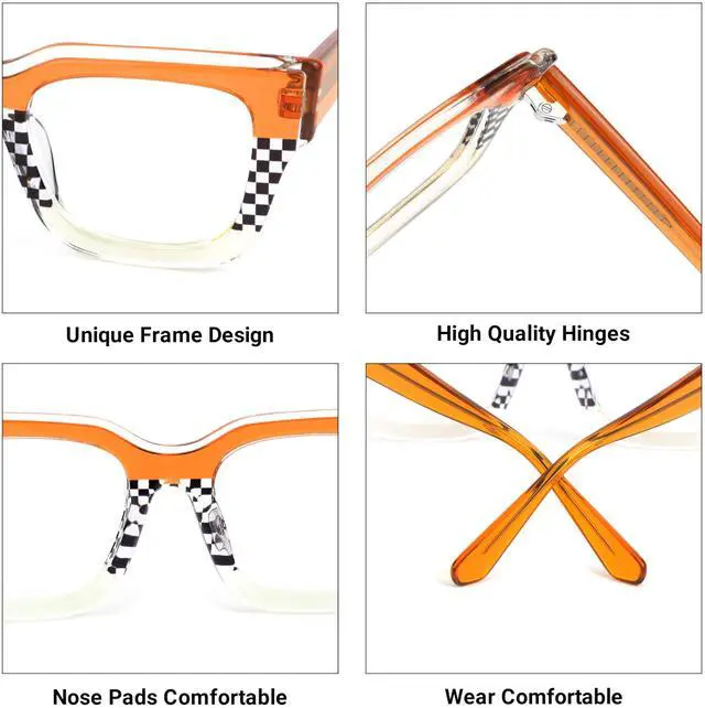 Alt view image 5 of 5 - VOOGLAM Square Blue Light & UV400 Blocking Eyestrain Eyewear for Women Orange & Black-White Checkered Acetate