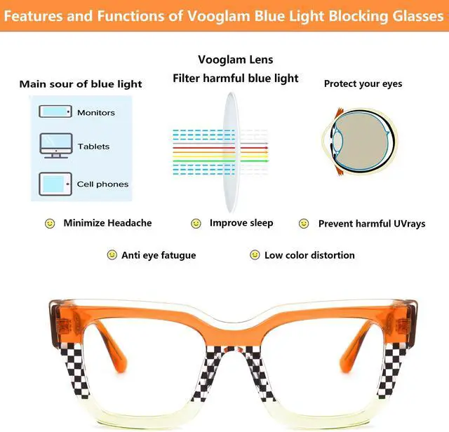 Alt view image 4 of 5 - VOOGLAM Square Blue Light & UV400 Blocking Eyestrain Eyewear for Women Orange & Black-White Checkered Acetate