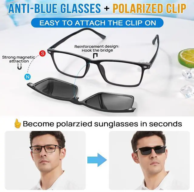 Alt view image 2 of 5 - WEMOOTANTS Blue Light Glasses for Men, Black Fake Eyeglasses with Polarized Clip-on, UV Protection Driving Glasses, Computer Gaming Glasses
