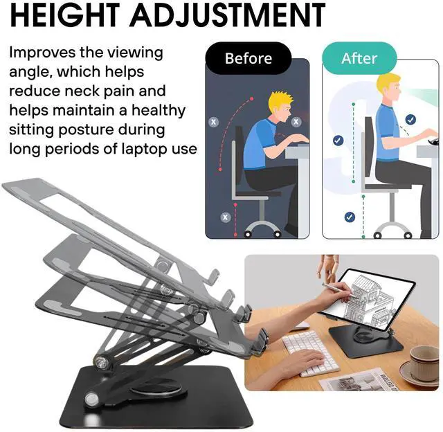 Alt view image 3 of 5 - Adjustable Laptop Stand for Desk - Foldable Metal Riser, Ergonomic 360deg Rotating Holder for MacBook & Notebooks 10-17.3", Black