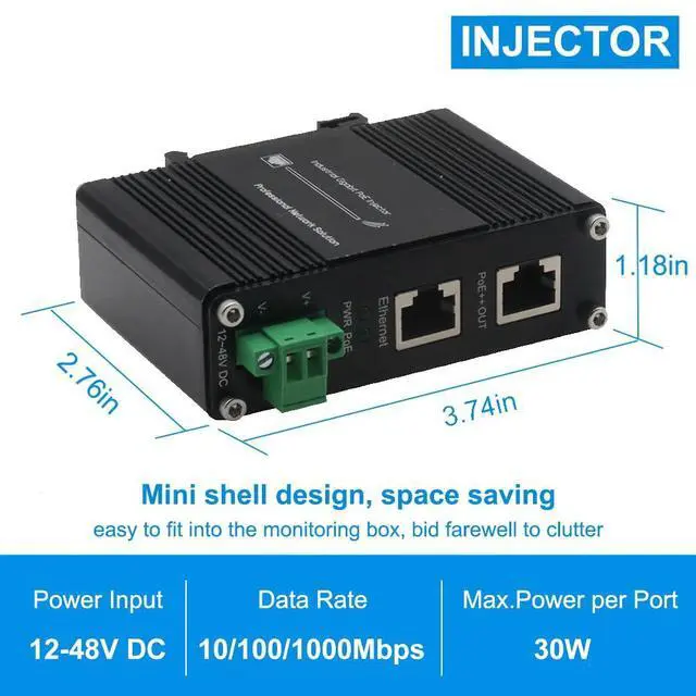 Alt view image 2 of 5 - Industrial Gigabit PoE+ Injector - 12-48VDC Power Input with DIN Rail/Wall Mount,IEEE 802.3 af/at Outdoor Rated 30W PoE+ Power Supply for Industrial Networking,Ideal for IP Camera