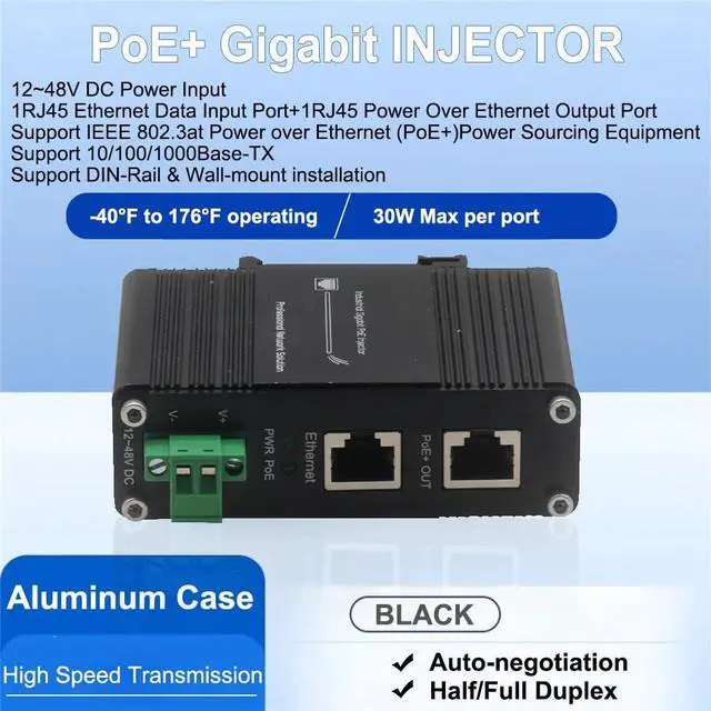 Alt view image 3 of 5 - Industrial Gigabit PoE+ Injector - 12-48VDC Power Input with DIN Rail/Wall Mount,IEEE 802.3 af/at Outdoor Rated 30W PoE+ Power Supply for Industrial Networking,Ideal for IP Camera