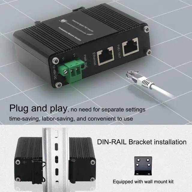 Alt view image 4 of 5 - Industrial Gigabit PoE+ Injector - 12-48VDC Power Input with DIN Rail/Wall Mount,IEEE 802.3 af/at Outdoor Rated 30W PoE+ Power Supply for Industrial Networking,Ideal for IP Camera