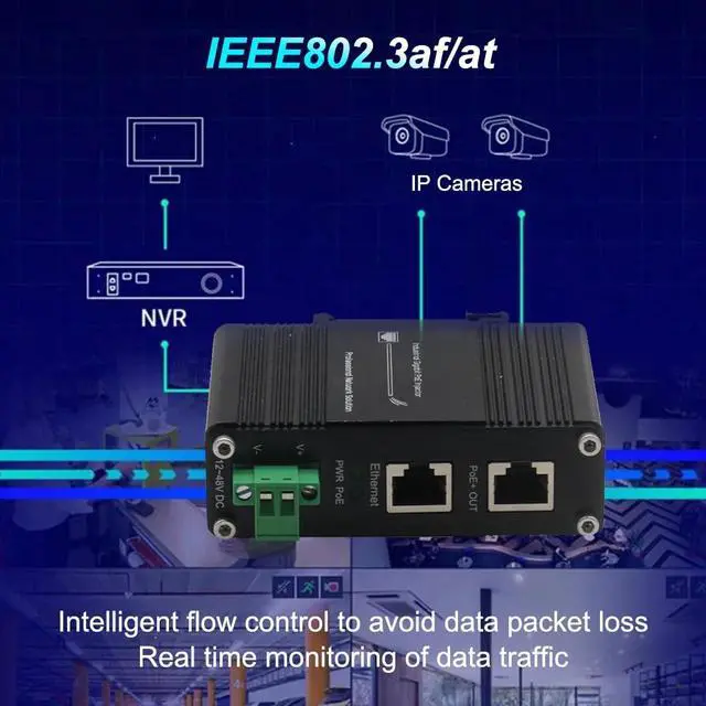 Alt view image 5 of 5 - Industrial Gigabit PoE+ Injector - 12-48VDC Power Input with DIN Rail/Wall Mount,IEEE 802.3 af/at Outdoor Rated 30W PoE+ Power Supply for Industrial Networking,Ideal for IP Camera