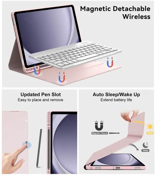 Alt view image 3 of 5 - YEHOBU for Samsung Galaxy Tab A9 Plus Case with Keyboard 11 inch, Folio Cover with S Pen Holder, Detachable Bluetooth Keyboard Case for Tablet A9+ 5G 11'' 2023 Pink