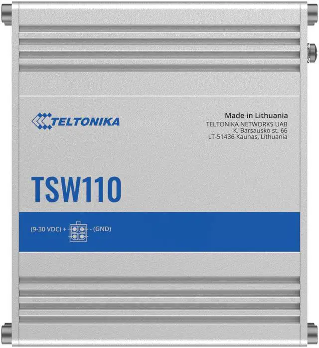 Main image of Teltonika TSW110000010 - TSW110 Industrial L2 Unmanaged Switch, 10/100/1000 Mbps Ethernet Ports, Aluminum Housing, 10 Gbps Bandwidth - with DC Power Cable