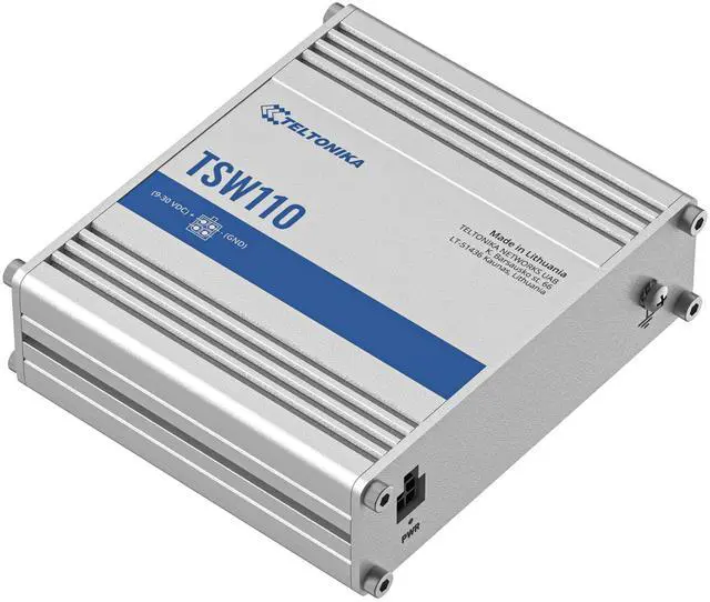 Alt view image 3 of 5 - Teltonika TSW110000010 - TSW110 Industrial L2 Unmanaged Switch, 10/100/1000 Mbps Ethernet Ports, Aluminum Housing, 10 Gbps Bandwidth - with DC Power Cable