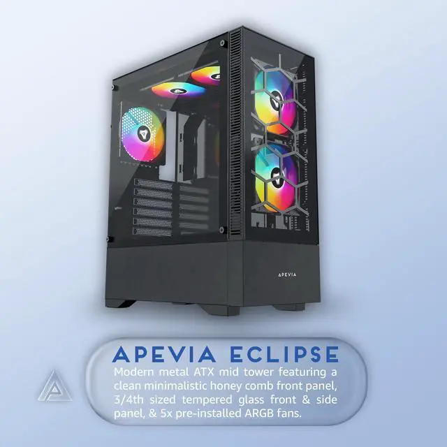 Alt view image 2 of 5 - Apevia Eclipse-BK Eclipse Mid Tower Gaming PC Case w/ 5X 120mm ARGB Fans, 366 RGB Light Modes, Minimalistic Honeycomb Design, Tempered Glass Front & Side Panels, 1X USB3.0, 2X USB2.0, Black