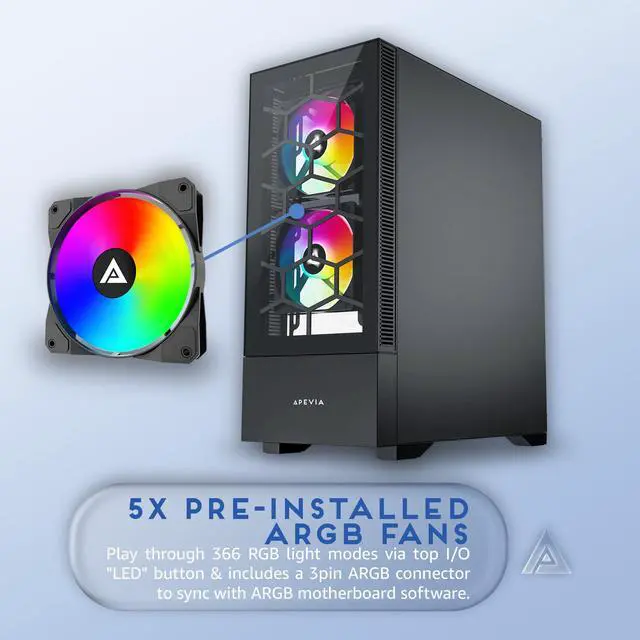 Alt view image 3 of 5 - Apevia Eclipse-BK Eclipse Mid Tower Gaming PC Case w/ 5X 120mm ARGB Fans, 366 RGB Light Modes, Minimalistic Honeycomb Design, Tempered Glass Front & Side Panels, 1X USB3.0, 2X USB2.0, Black