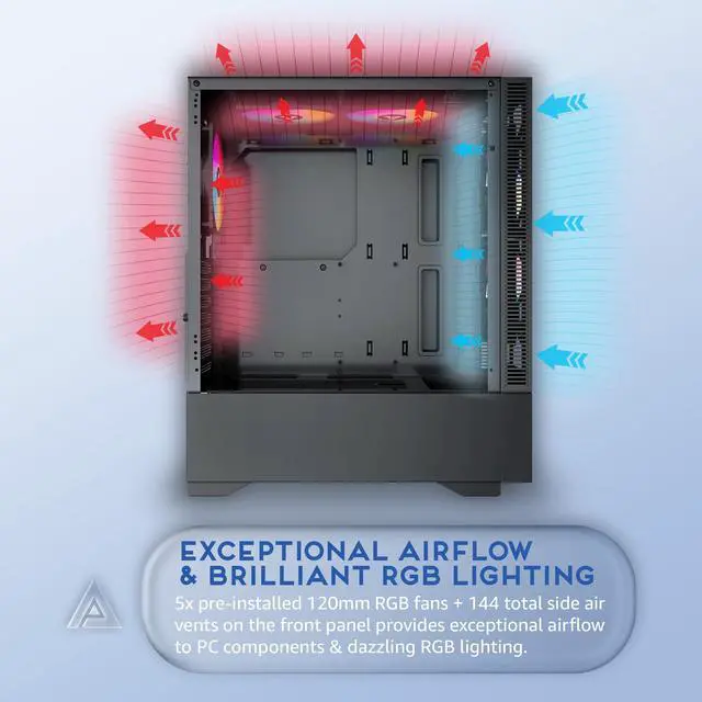 Alt view image 4 of 5 - Apevia Eclipse-BK Eclipse Mid Tower Gaming PC Case w/ 5X 120mm ARGB Fans, 366 RGB Light Modes, Minimalistic Honeycomb Design, Tempered Glass Front & Side Panels, 1X USB3.0, 2X USB2.0, Black