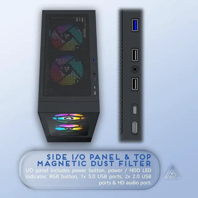 Alt view image 5 of 5 - Apevia Eclipse-BK Eclipse Mid Tower Gaming PC Case w/ 5X 120mm ARGB Fans, 366 RGB Light Modes, Minimalistic Honeycomb Design, Tempered Glass Front & Side Panels, 1X USB3.0, 2X USB2.0, Black