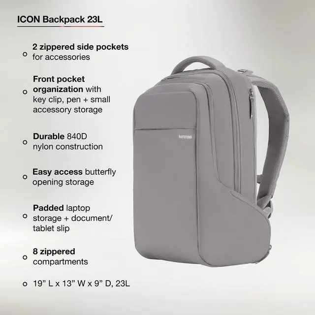 Alt view image 3 of 5 - Incase ICON Durable Travel Backpack + Laptop Bag Made with Strong 840 Nylon - Fits 16-inch Laptop - Compact Carry On Backpack for Travel - Conte Grey