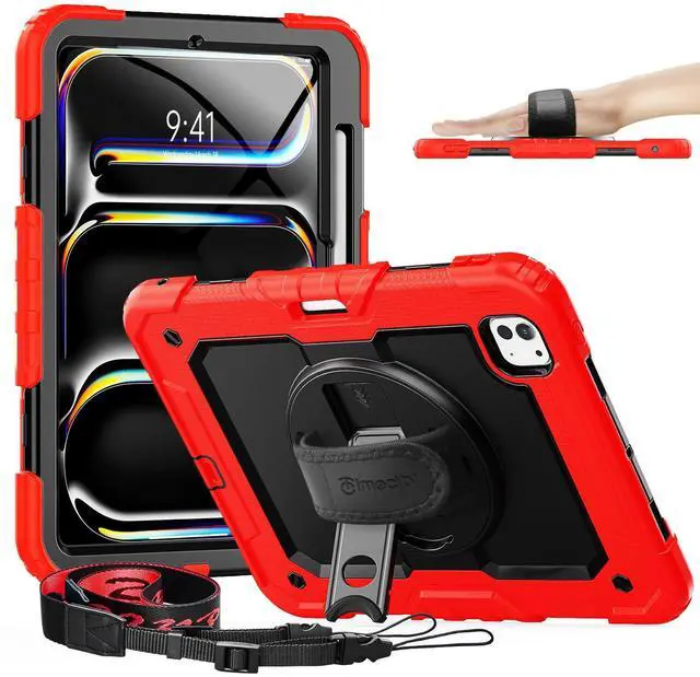Main image of timecity for iPad Pro 11 Inch M4 Case 2024 5th Gen, 360° Rotating Stand, Pencil Holder & Wireless Charging, Shockproof with Screen Protector & Shoulder Strap - for Designers & Professionals, Red