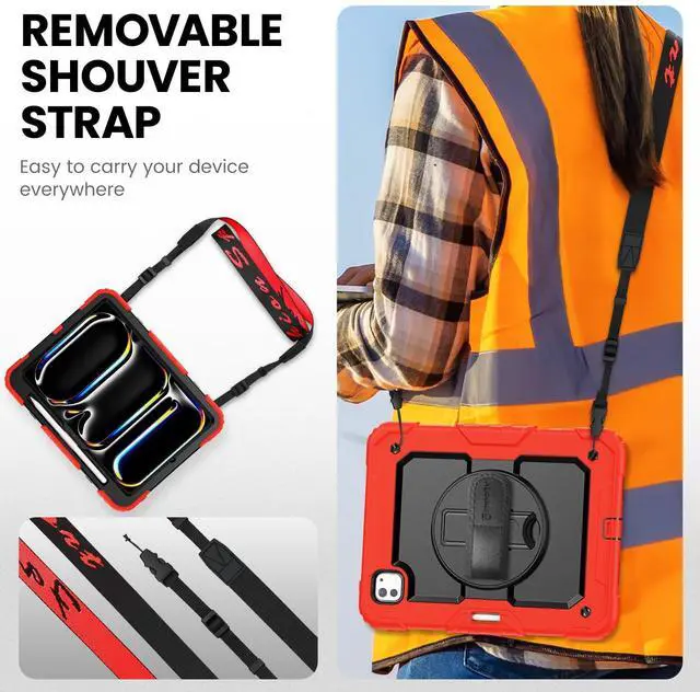 Alt view image 5 of 5 - timecity for iPad Pro 11 Inch M4 Case 2024 5th Gen, 360° Rotating Stand, Pencil Holder & Wireless Charging, Shockproof with Screen Protector & Shoulder Strap - for Designers & Professionals, Red