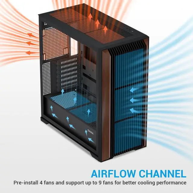 Alt view image 4 of 5 - SAMA Z60 Genuine Walnut Wood PC Case, ATX Mid Tower PC Case, Pre-Installed 4X 140mm ARGB PWM Fans, Supports 360mm Radiator on Top, Type-C Port, Mid Tower Computer Case-Black