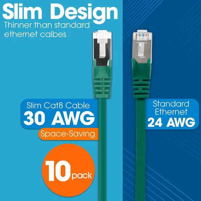 Alt view image 2 of 5 - Intellinet Slim Cat8 Ethernet Network Patch Cable  10-Pack - 40Gbps & 2000MHz, Snagless Boot, 30AWG Pure Bare Copper Wire, Gold-Plated Contacts, Lifetime Mfg Warranty  3ft, 10 Pack, Green