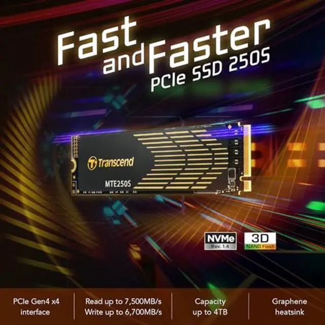 Alt view image 3 of 5 - Transcend 1TB MTE250S NVMe Internal Gaming SSD Solid State Drive - Gen4x4 PCIe, M.2 2280 with Graphene Heatsink, Compatible with PS5, Up to 7,200MB/s - TS1TMTE250S