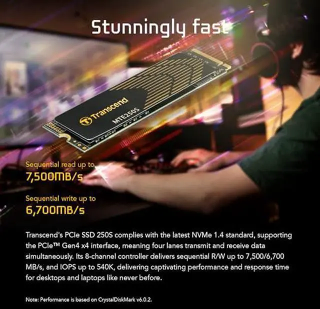 Alt view image 4 of 5 - Transcend 1TB MTE250S NVMe Internal Gaming SSD Solid State Drive - Gen4x4 PCIe, M.2 2280 with Graphene Heatsink, Compatible with PS5, Up to 7,200MB/s - TS1TMTE250S