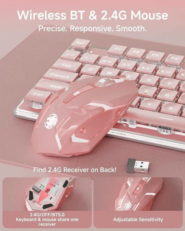 Alt view image 5 of 5 - SEUNKWANG EWEADN V3 Wireless Keyboard and Mouse with Single Backlit, Metal Panel, Bluetooth/2.4G Rechargeable Computer Keyboard and Mouse Combo Silent Lighted Full Size Cute Keyboards-Pink