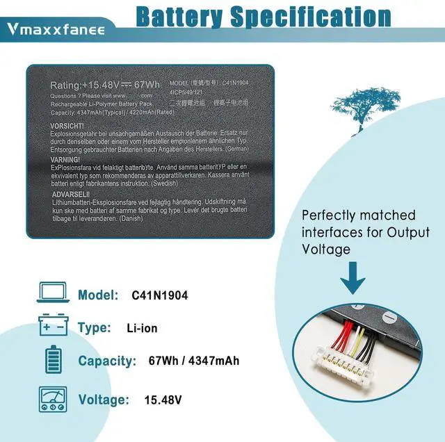 Alt view image 2 of 5 - Vmaxxfanee 67Wh C41N1904 C41N1904-1 Battery Replacement for ASUS ZenBook 14 UX425UA UX425JA UM425IA 13 BX325JA UX325EA UX325JA UM325SA UX363EA UX363JA S UX371 UX393 UX393EA 5B10X19050 5B10X19049