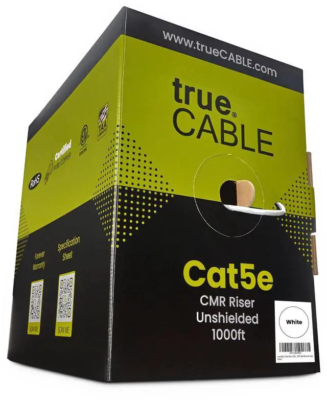 Main image of trueCABLE Cat5e Riser (CMR), 1000ft, White, 24AWG 4 Pair Solid Bare Copper, 350MHz, PoE++ (4PPoE), ETL Listed, Unshielded Twisted Pair (UTP), Bulk Ethernet Cable