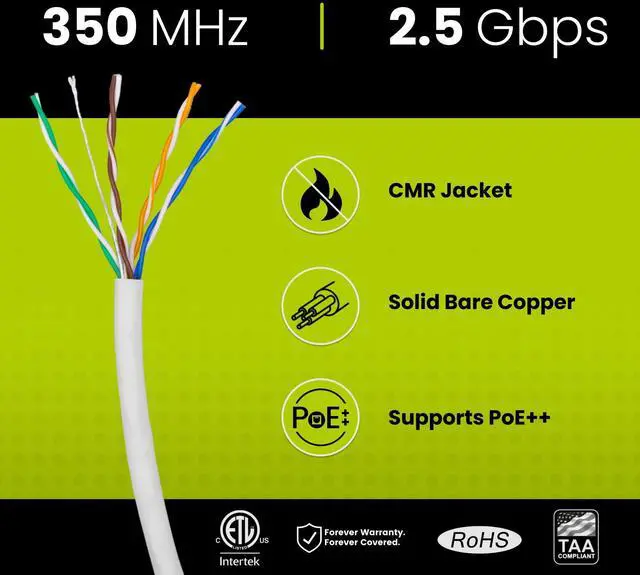 Alt view image 2 of 5 - trueCABLE Cat5e Riser (CMR), 1000ft, White, 24AWG 4 Pair Solid Bare Copper, 350MHz, PoE++ (4PPoE), ETL Listed, Unshielded Twisted Pair (UTP), Bulk Ethernet Cable