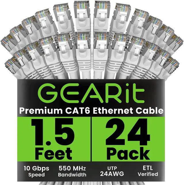 Main image of GearIT Cat 6 Ethernet Cable (24-Pack 1.5 Feet) Cat6 Network Patch, 10Gbps, RJ45, Snagless Cord, Gold-Plated Connectors, Internet for PC, TV, Tablet, Router, Printer, Servers, IT Data Center - White