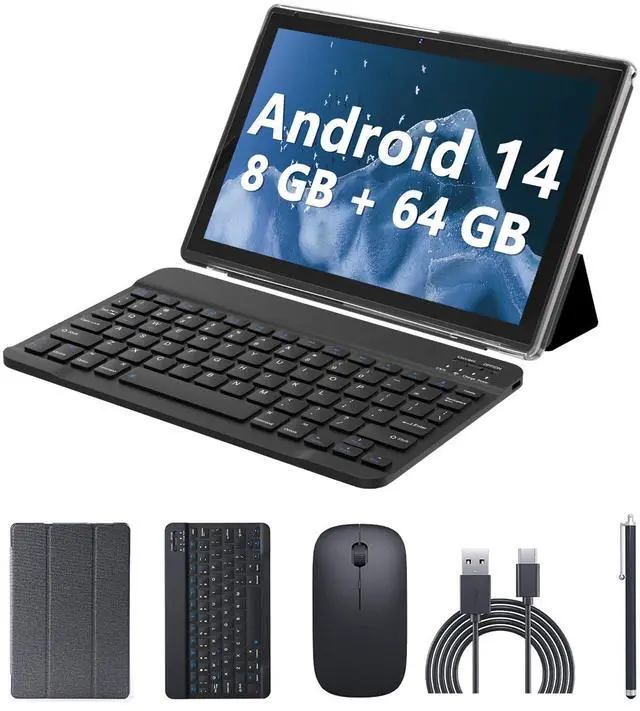 Main image of Android 14 10 Inch 2 in 1 Tablet with Keyboard, Mouse, Case, Stylus, 8GB RAM+64GB ROM/1TB Expand, 1.8Ghz Quad-core Processor, 1280*800 HD Touch Screen, 8MP Camera, 5G WIFI 6