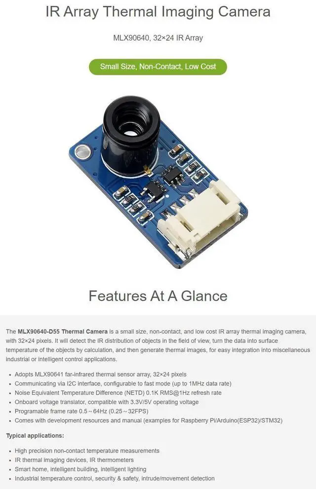 Alt view image 4 of 5 - Waveshare MLX90640 IR Array Thermal Imaging Camera with 32×24 Pixels 55° Field of View Communicating via I2C Interface Supports Raspberry Pi/rduino(ESP32)/STM32, etc.