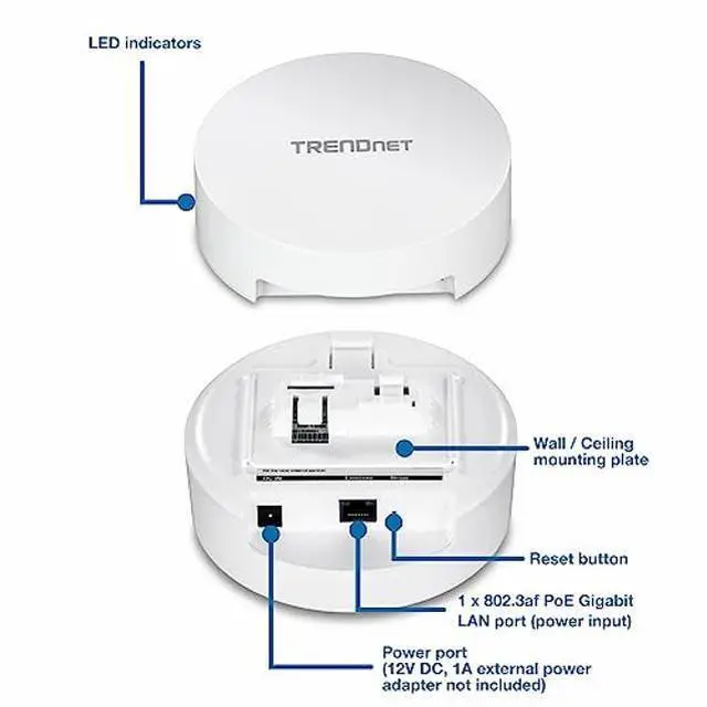Alt view image 3 of 5 - TRENDnet AC1300 Dual Band PoE Indoor Wireless Access Point, 867Mbps WiFi AC + 400Mbps WiFi N Bands, MU-MIMO, Repeater Mode, Traffic Management, Easy Installation, White, TEW-823DAP