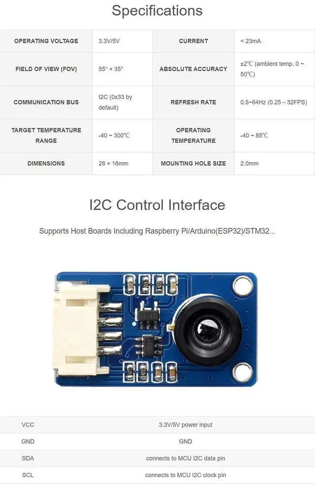 Alt view image 5 of 5 - Waveshare MLX90640 IR Array Thermal Imaging Camera with 32×24 Pixels 55° Field of View Communicating via I2C Interface Supports Raspberry Pi/rduino(ESP32)/STM32, etc.
