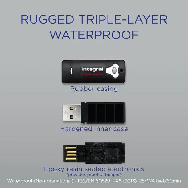 Alt view image 5 of 5 - Integral 8GB Crypto-140-2 256-Bit Hardware Encrypted 3.0 USB Secure Flash Memory Drive - Certified to FIPS 140-2 Level 3, Brute-Force Password Attack Protection & Rugged Triple-layer Waterproof Design